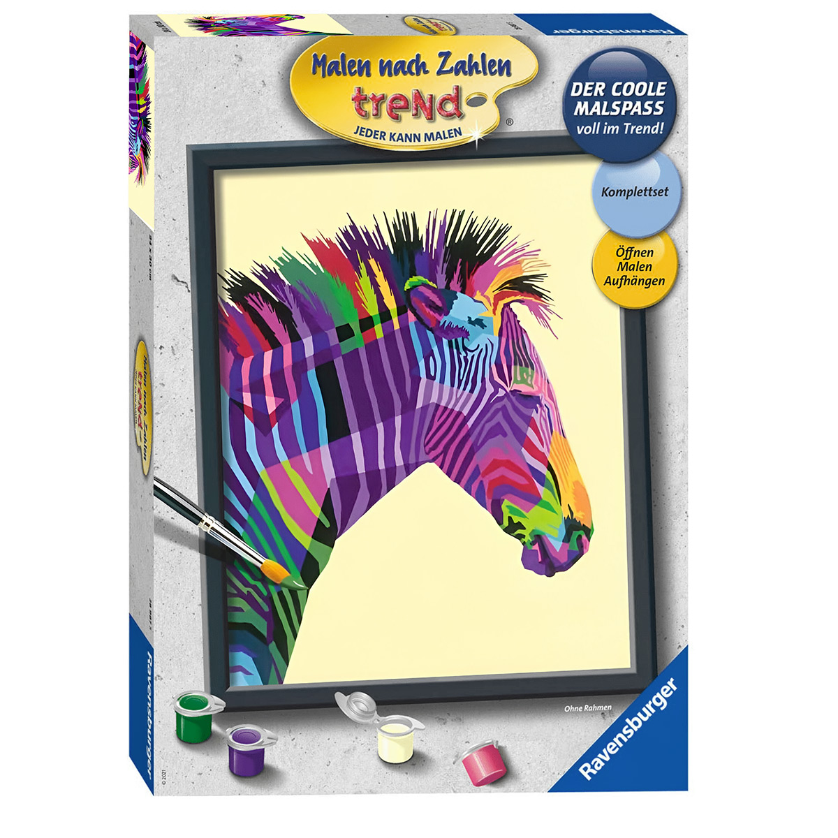 Ein Malen-nach-Zahlen-Set mit einem bunten Zebra-Kopf, Farben und einem Pinsel.