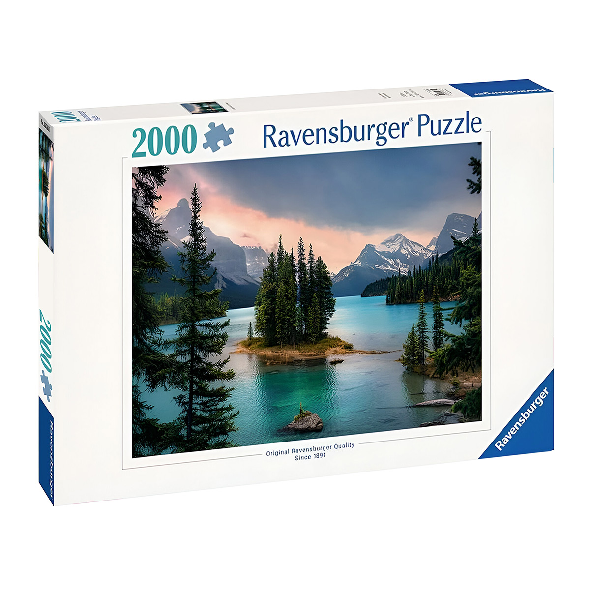 Scatola di puzzle raffigurante un lago con un'isola, montagne e alberi, con cielo nuvoloso.