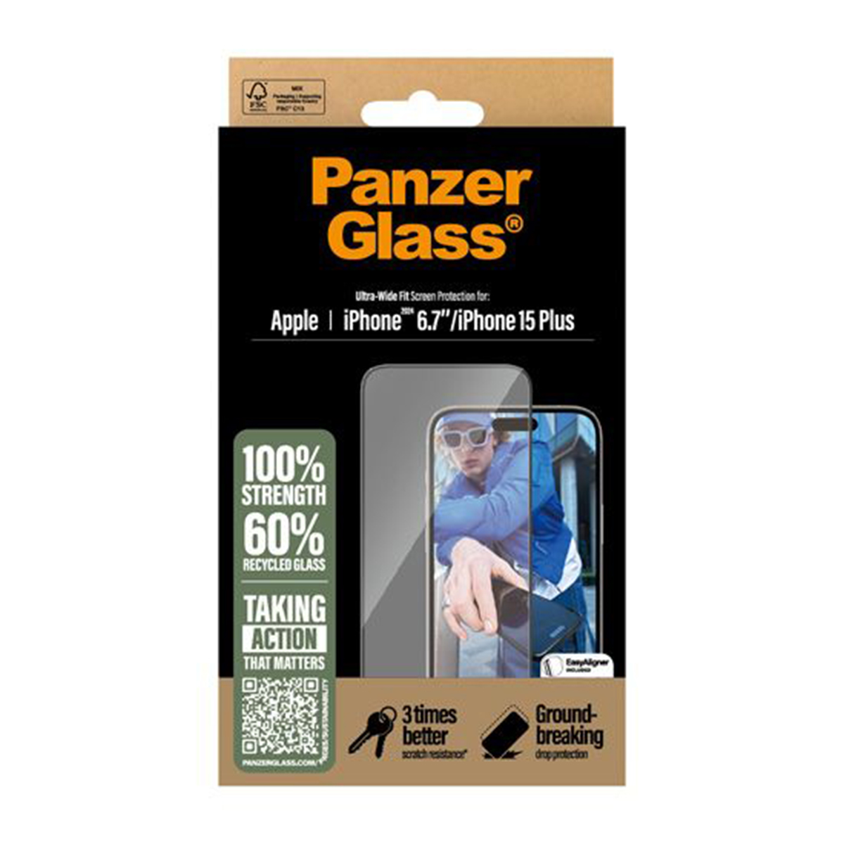 Güneş gözlüklü adamlı telefon ekran koruyucu kutusu. PanzerGlass, %100 güç.