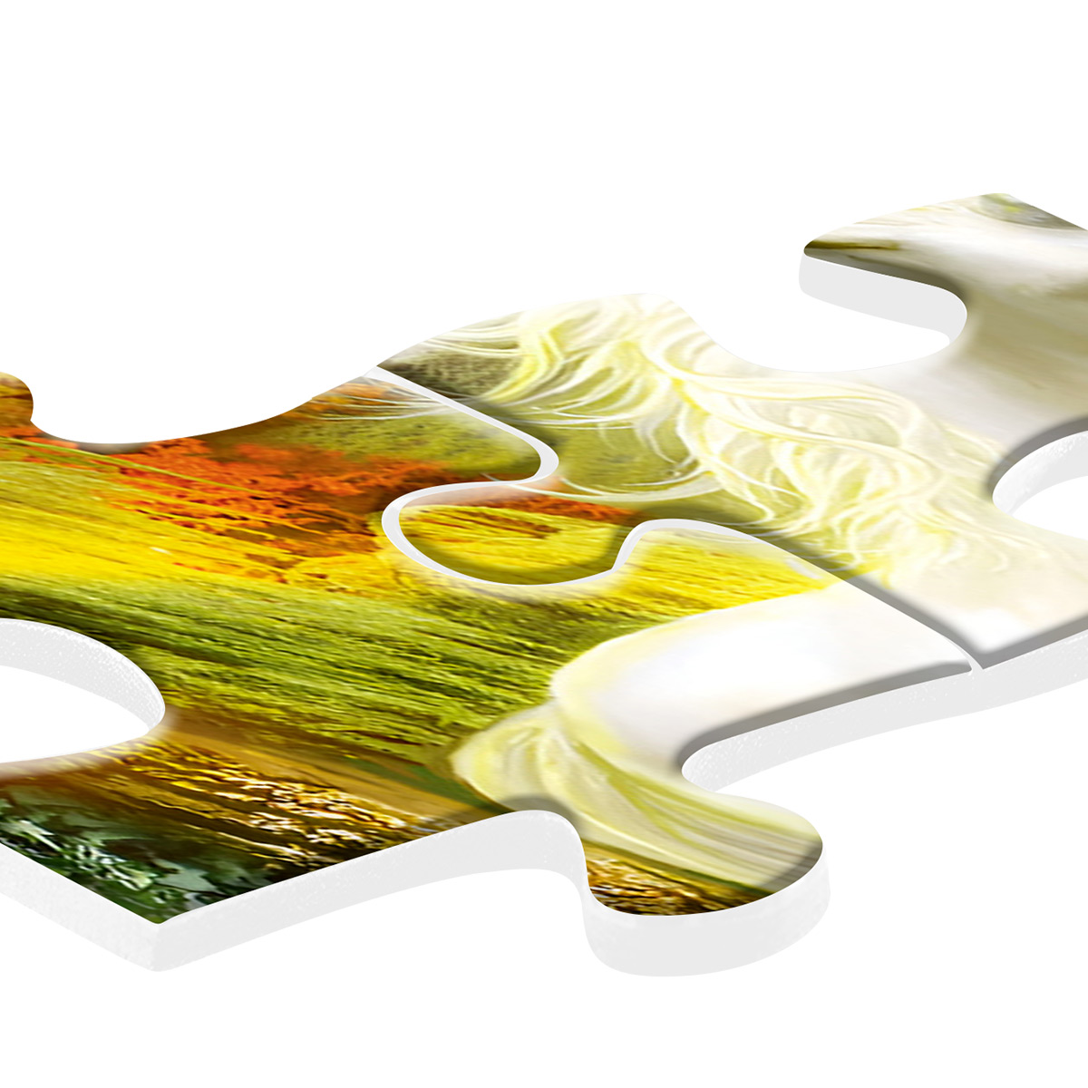 Puzzleteile mit farbenfroher abstrakter Kunst. Weißer Hintergrund. Teilweise zusammengebaut.