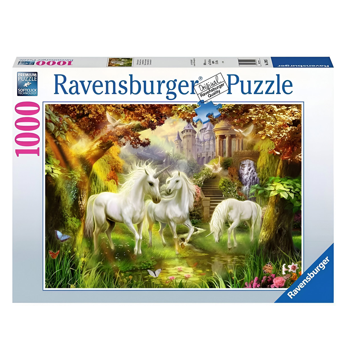 Puzzelbox mit einer Fantasieszene von Einhörnern und einem Schloss in einem Wald auf weißem Hintergrund.