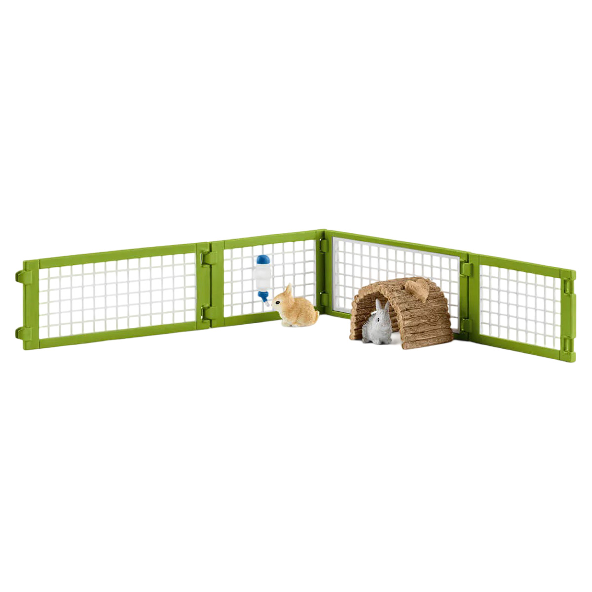 Ein Kaninchenstall mit zwei Kaninchen. Ein Kaninchen frisst, eines ist im Stall.