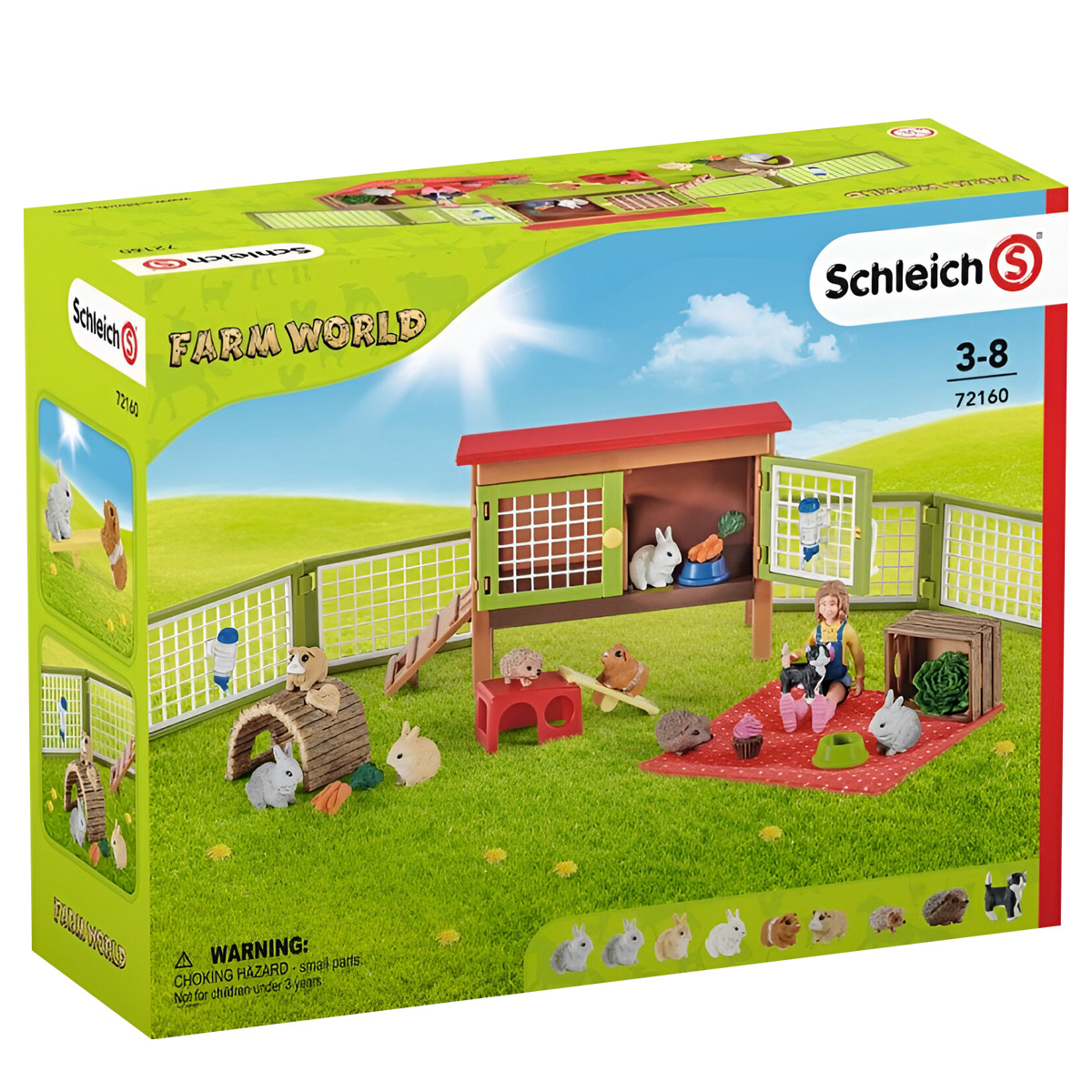 Ein Schleich Farm World Set mit Kaninchen, einem Mädchen und Zubehör auf grüner Oberfläche.