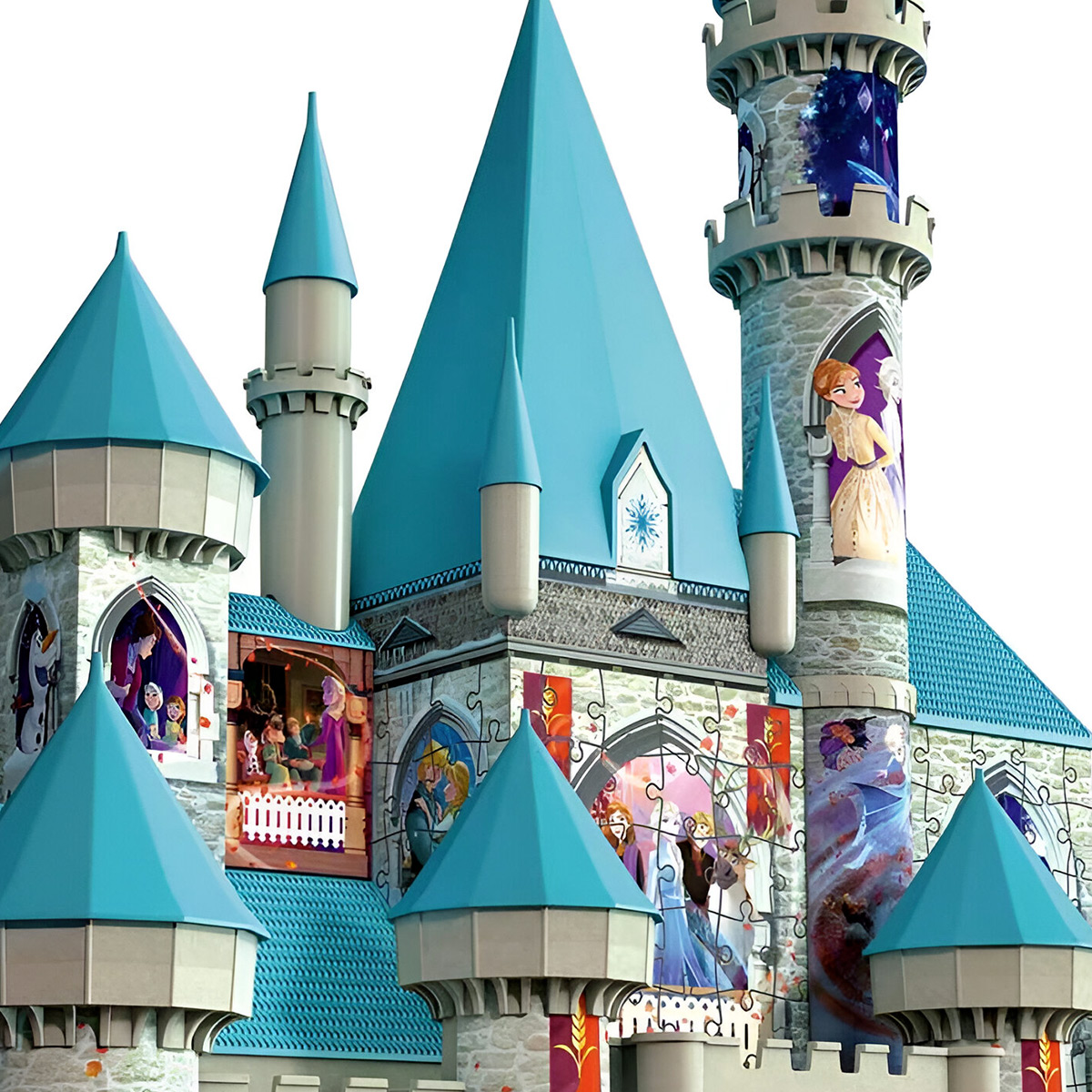 Puzzle zamku z Krainy Lodu w formacie 3D z niebieskimi wieżami i ilustracjami z filmu.