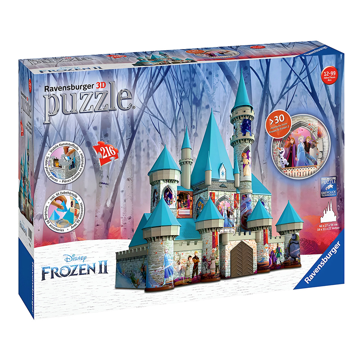 Kolorowe pudełko z puzzlami 3D ze zdjęciem zamku i logo Disney Frozen II.