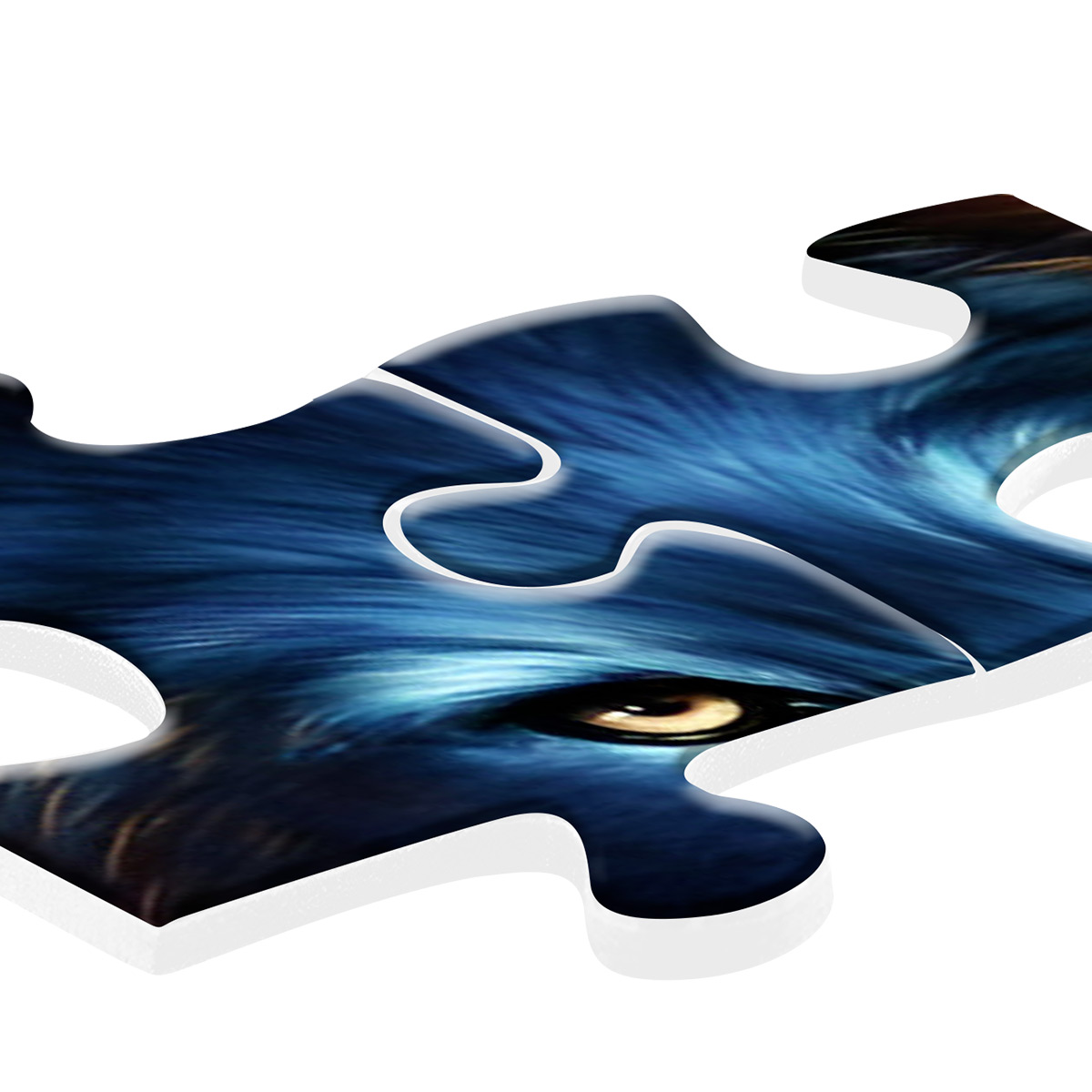 Element układanki z zbliżeniem niebieskiego wilczego oka. Widoczny szczegół sierści.