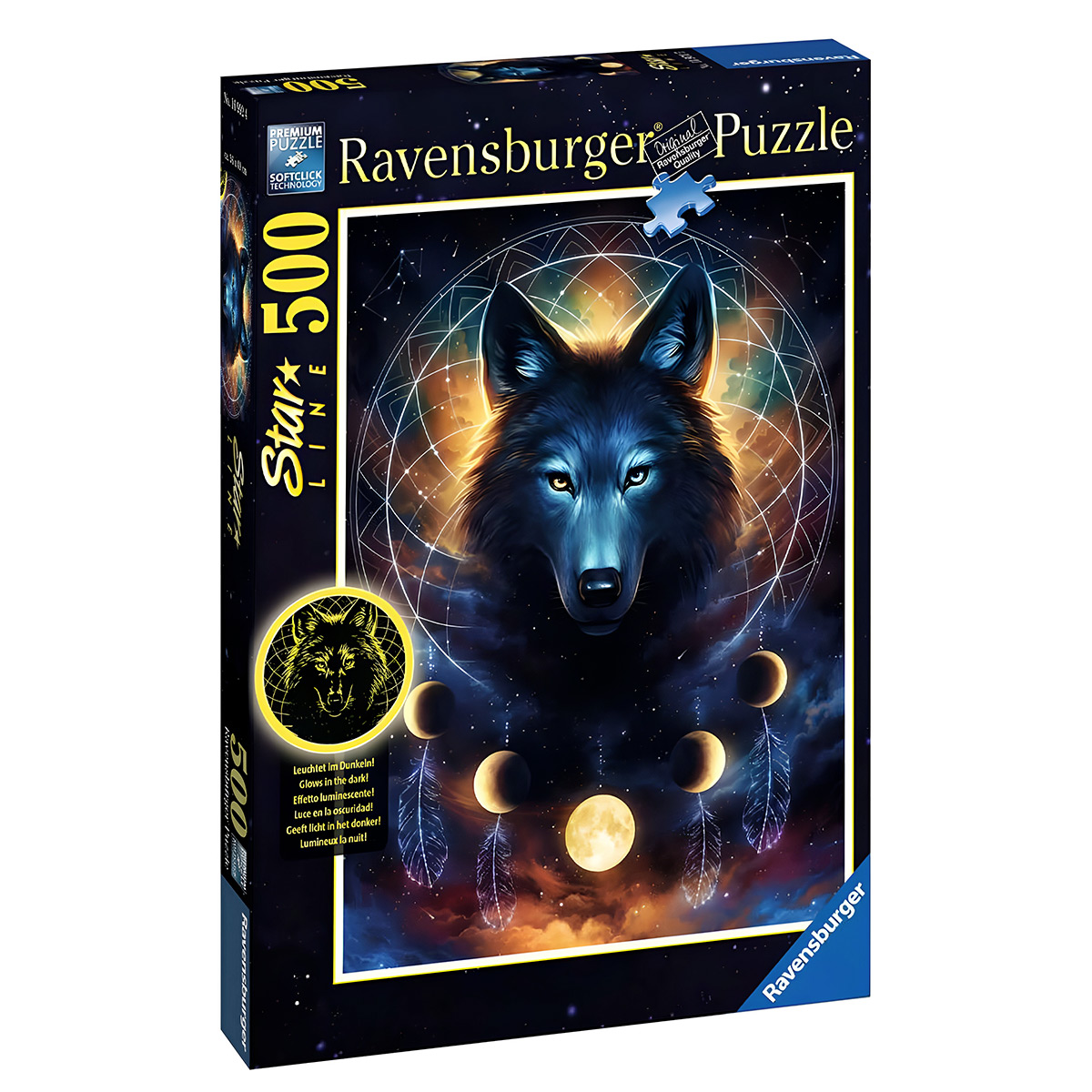 Pudełko z puzzlami Ravensburger z wizerunkiem wilka w łapaczu snów.