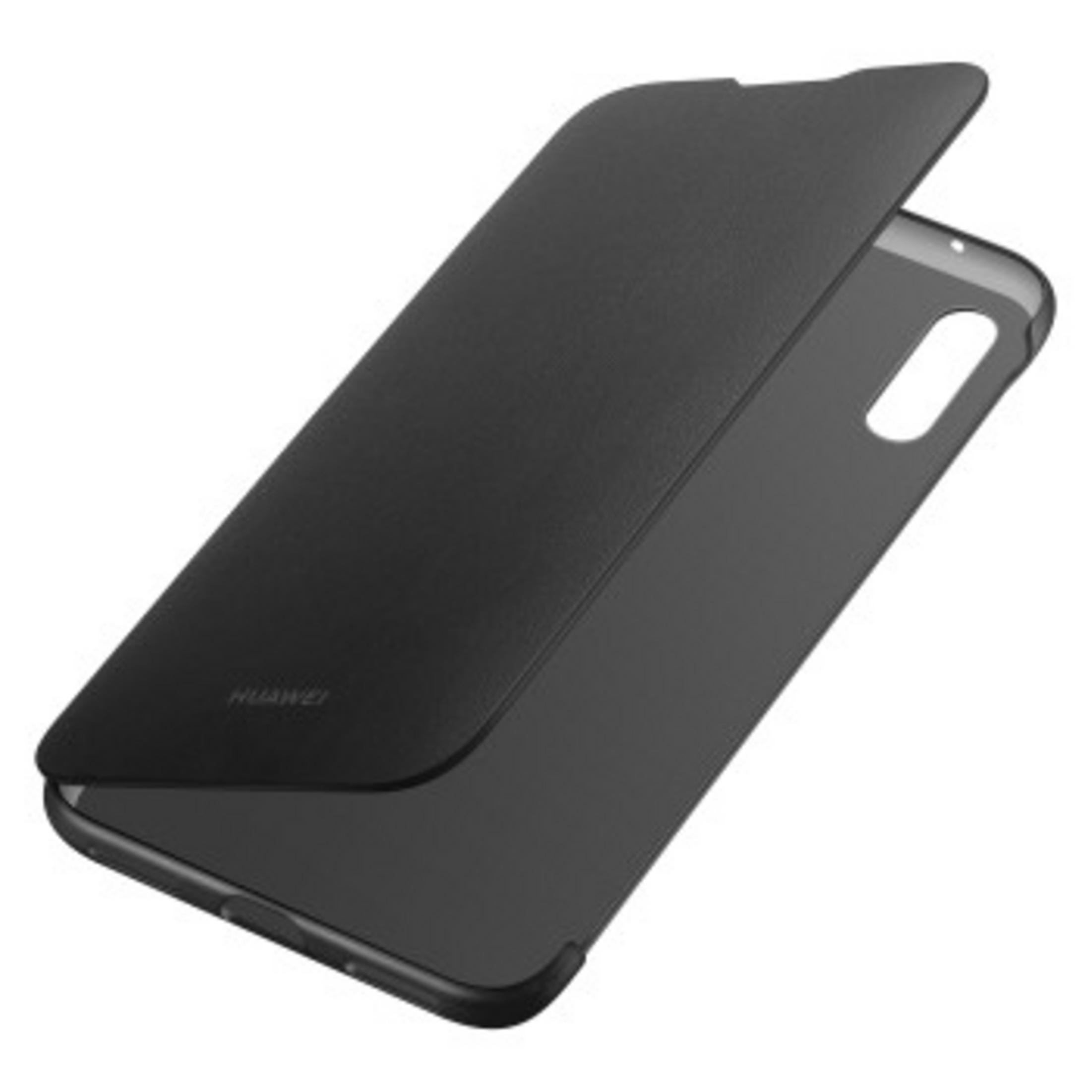 Czarne etui na telefon, zamknięte i otwarte, pokazujące wnętrze. Logo Huawei na etui.