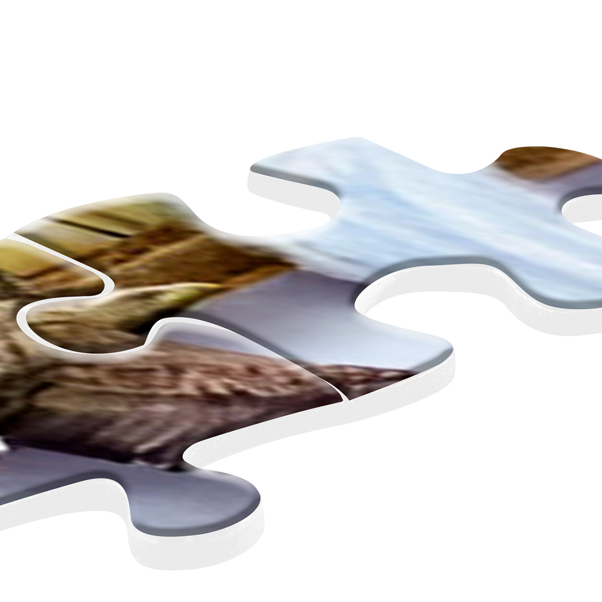 Dwa elementy układanki z układanki. Elementy są brązowe, niebieskie i białe.