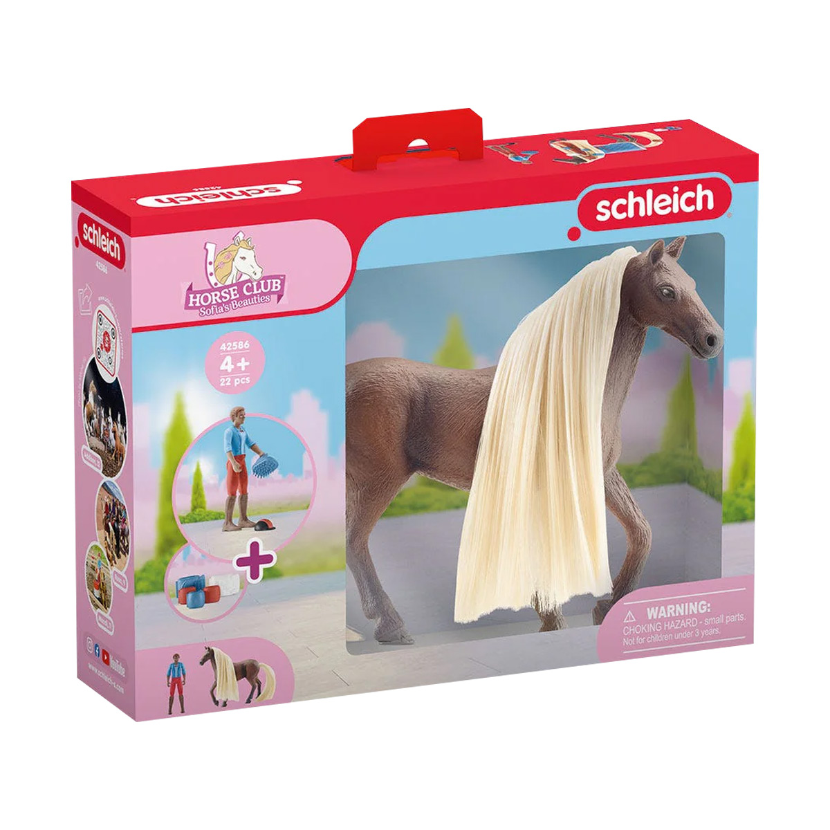 Ein Spielzeugpferd mit langer blonden Mähne in einer Schleich-Box, mit einer Spielfigur.