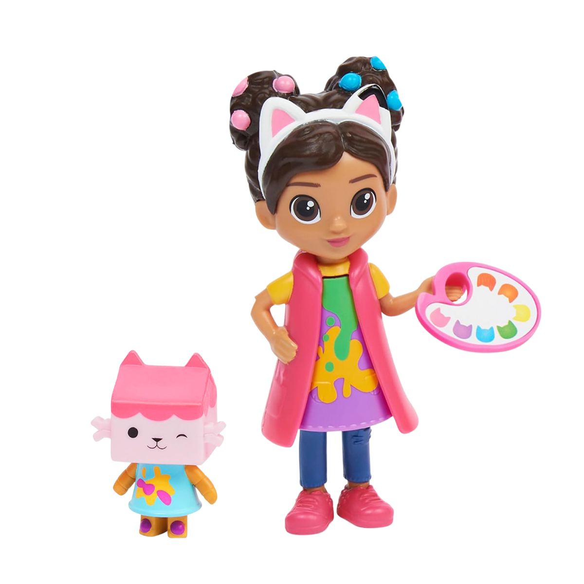 Lalka i zabawka dla kota. Lalka ma kolorowy strój i różową paletę. Zabawka jest różowa.