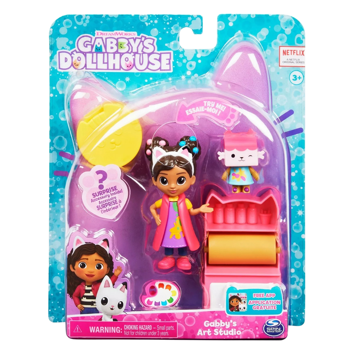 Zestaw zabawek Gabby's Dollhouse z lalką, akcesoriami i opakowaniem.