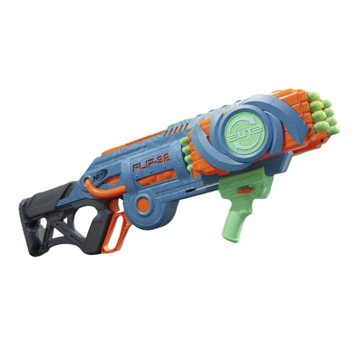 Eine blaue und orangefarbene Spielzeugpistole. Die Spielzeugpistole hat einen grünen Griff.