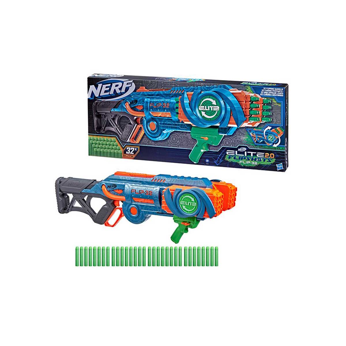 Eine Nerf-Pistole mit Kugeln und ihrer Verpackung. Die Pistole ist blau, orange und grün.