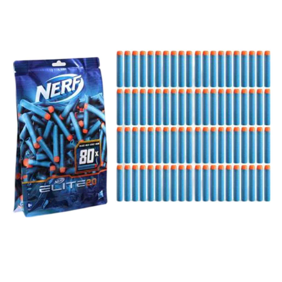 Un sacchetto di dardi Nerf Elite 2.0, con un mucchio di dardi blu e arancioni accanto.