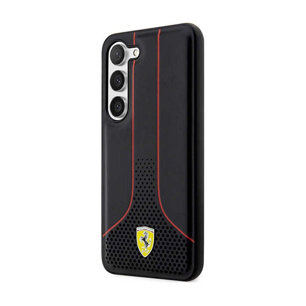 Custodia per telefono nera con dettagli rossi e logo Ferrari. Il telefono ha tre fotocamere.
