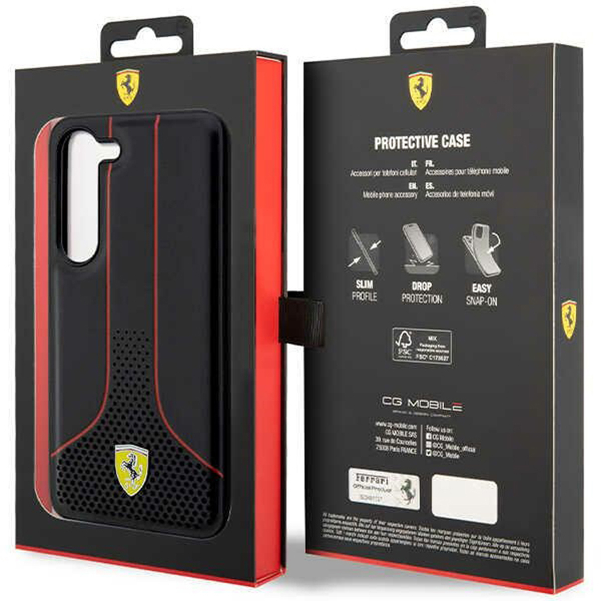 Custodia per telefono nera e rossa con logo Ferrari e testo sulla scatola aperta.