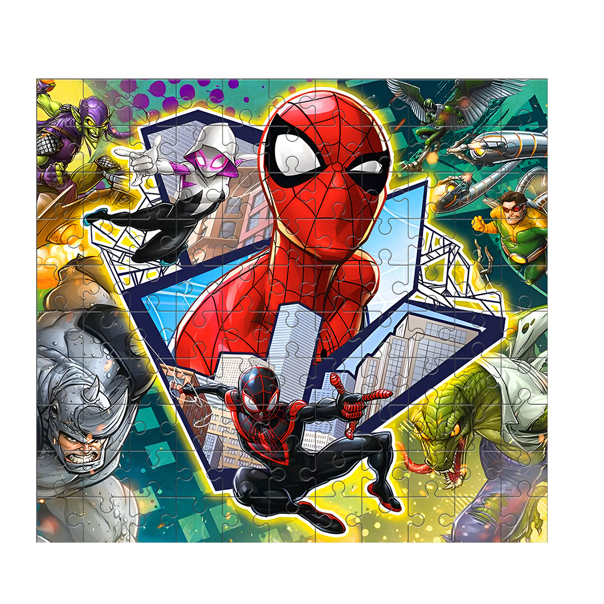 Puzzle di Spider-Man: Spider-Man rosso e nero, altri cattivi, sfondo della città.