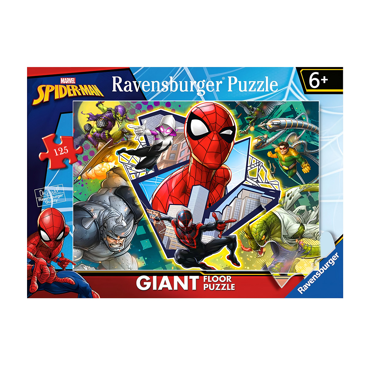 Una scatola di puzzle di Spiderman con un gruppo di personaggi di Spiderman. Il puzzle è gigante.