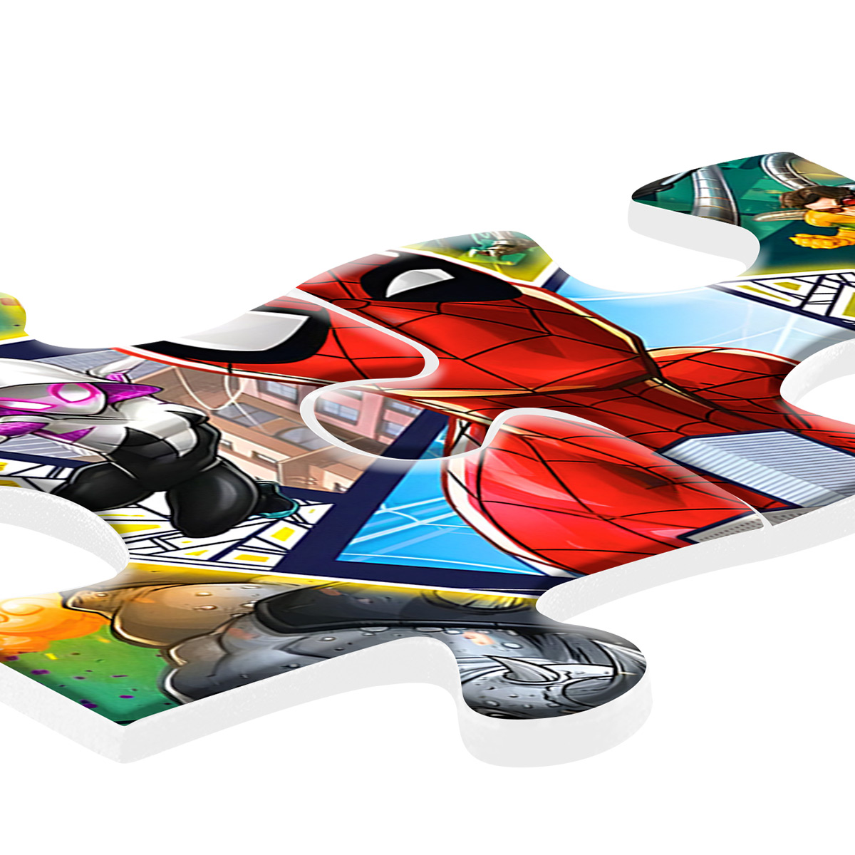 Un pezzo di puzzle con Spider-Man e altri personaggi in stile fumetto.