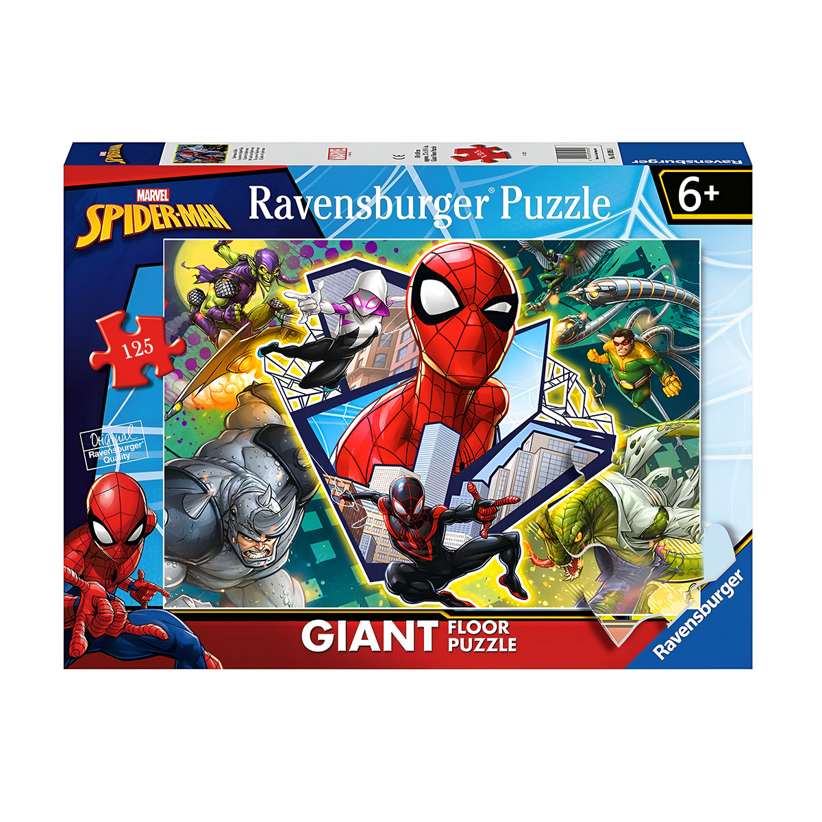 Una scatola di puzzle con Spider-Man e altri personaggi, con un puzzle gigante da pavimento.