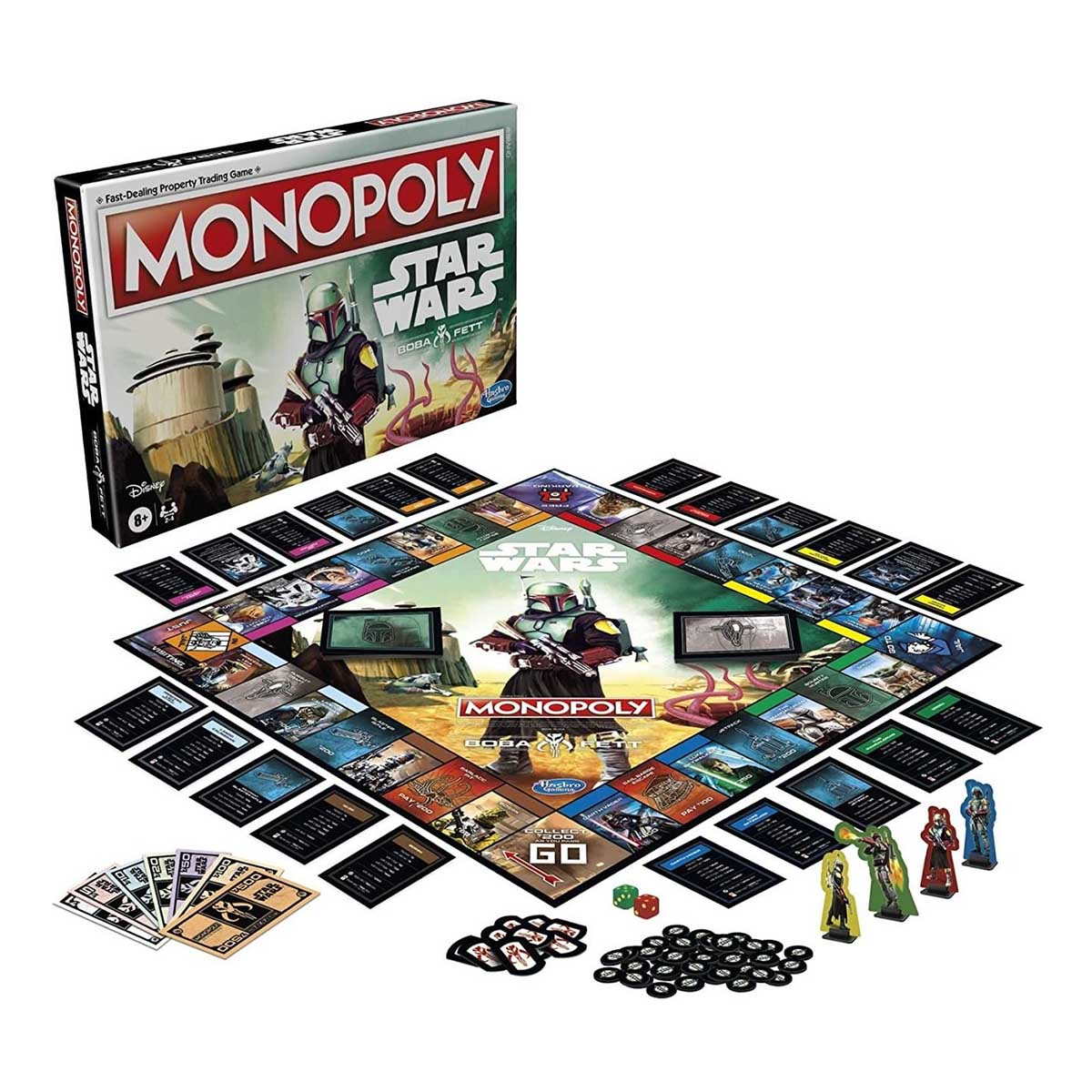 Monopoly Star Wars Spiel. Brett, Karten, Figuren, Würfel. Die Box und das Spielbrett sind sichtbar. Weißer Hintergrund.