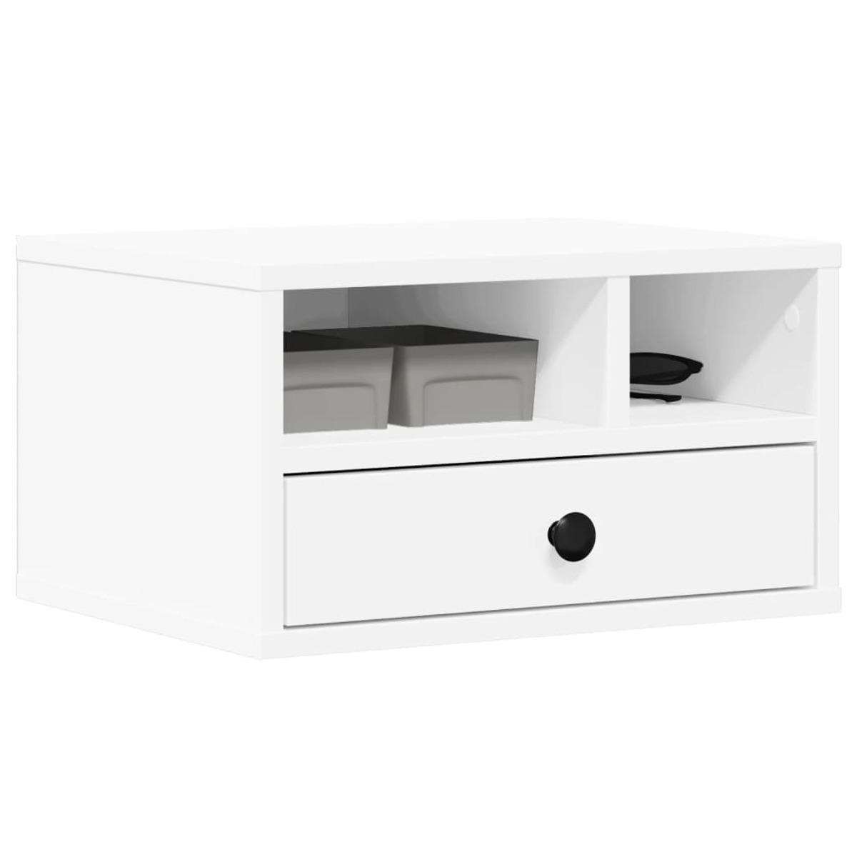 Weißer Schrank mit Schublade und offenen Fächern. Zwei graue Boxen im Schrank.