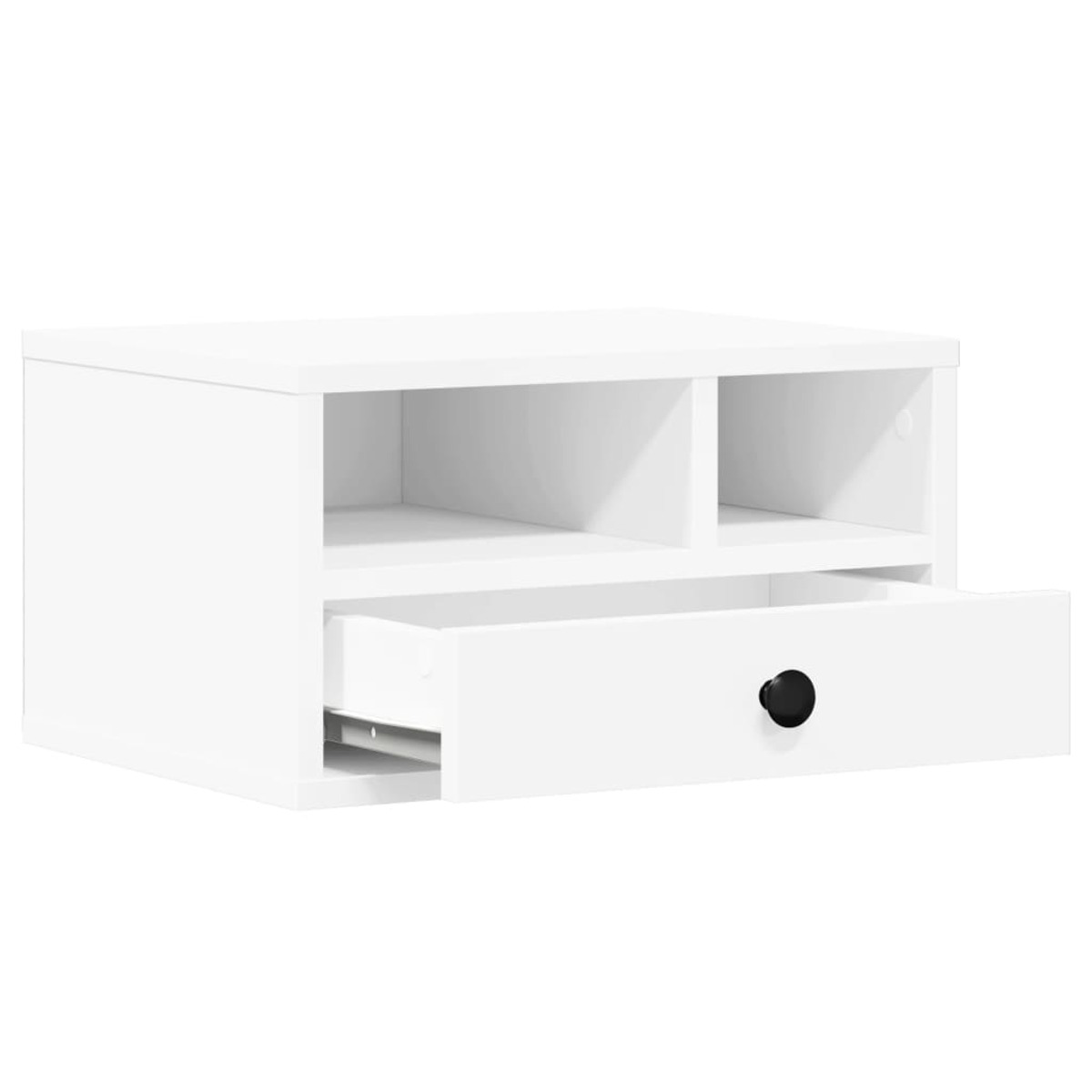 Weißer Schrank mit offener Schublade. Es hat zwei Fächer und einen schwarzen Knopf.