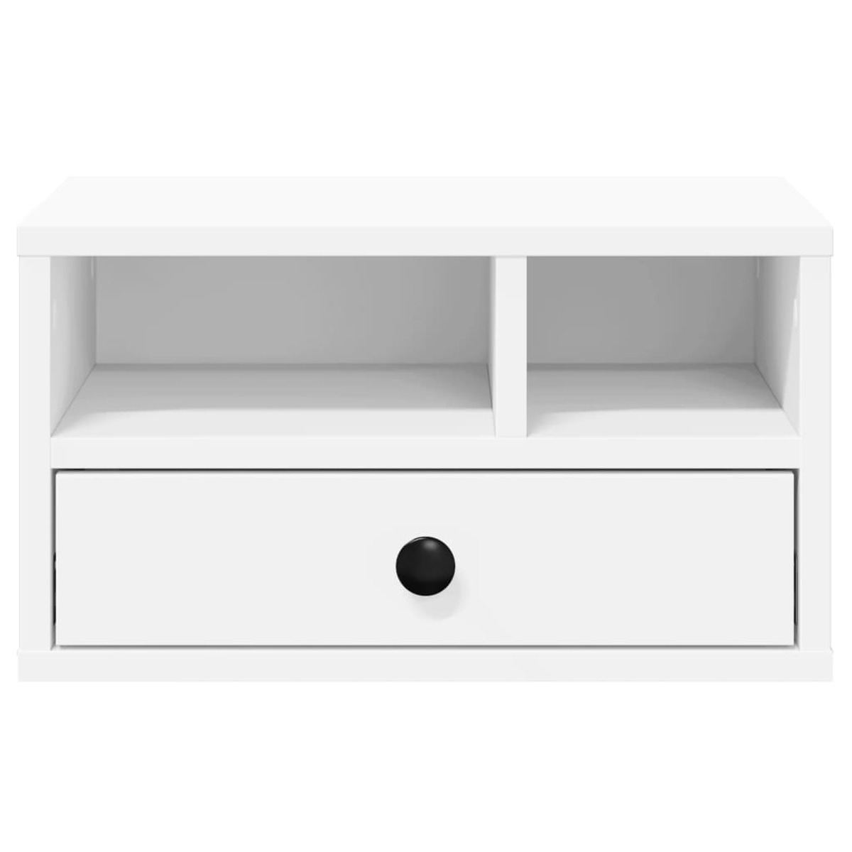 Weißer Schrank mit einer Schublade und zwei offenen Fächern.