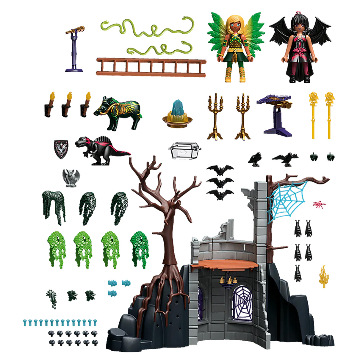 Eine Spielzeugschloss-Szene mit verschiedenen Figuren und Zubehör. Enthält Feen, Dinosaurier und mehr.