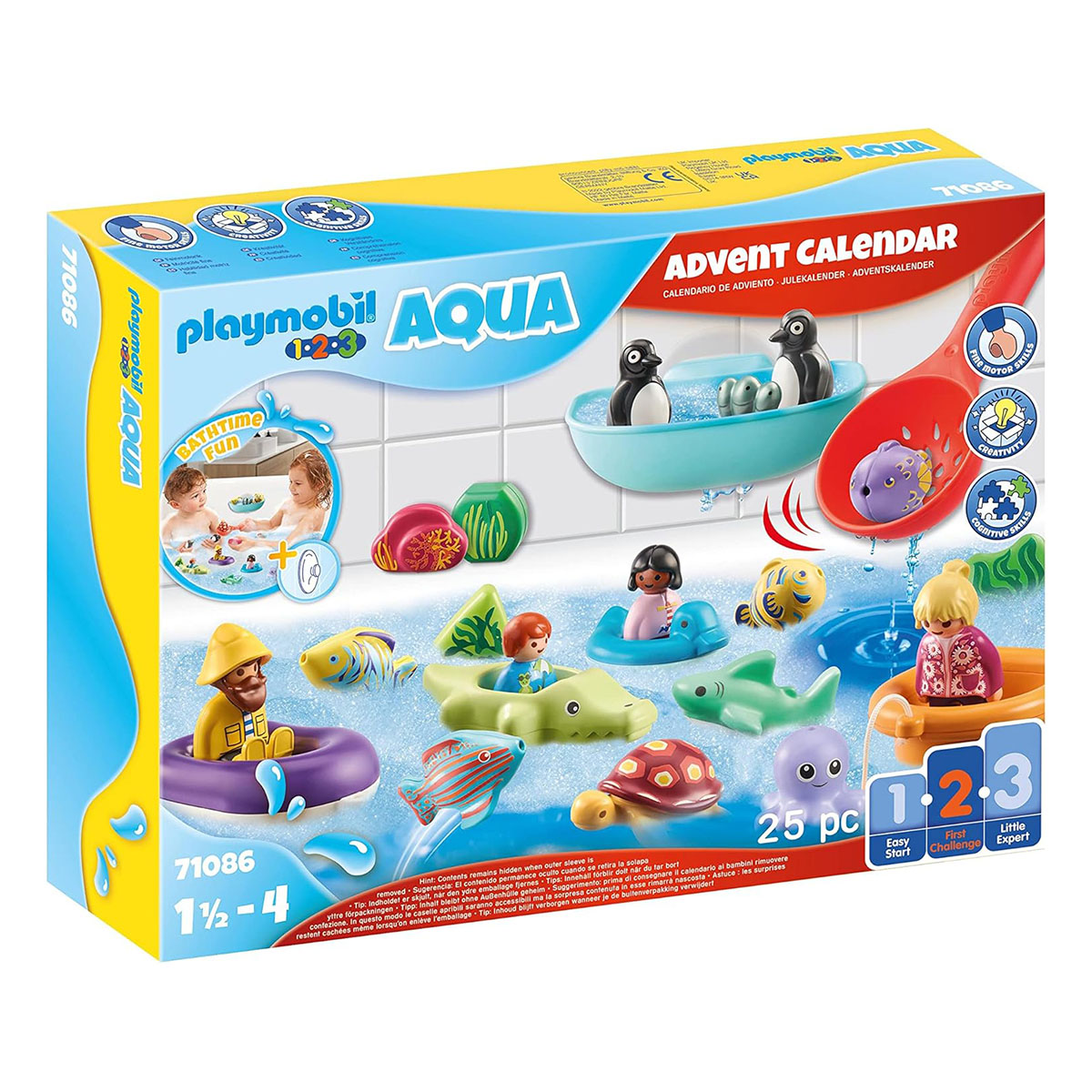 Una scatola del calendario dell'Avvento Playmobil Aqua con personaggi giocattolo di animali marini e bambini.