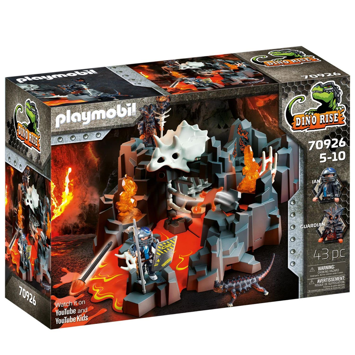 Eine Playmobil Dino Rise Box mit Figuren von Dinosauriern und Kriegern in vulkanischer Umgebung.