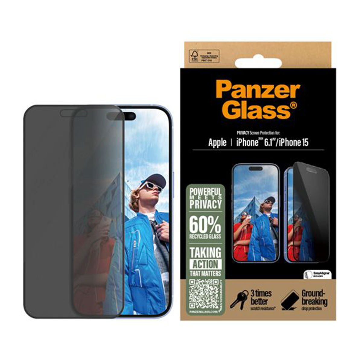 Pudełko z ochroną ekranu PanzerGlass do iPhone'a. Pokazuje osłonę ekranu i telefon.