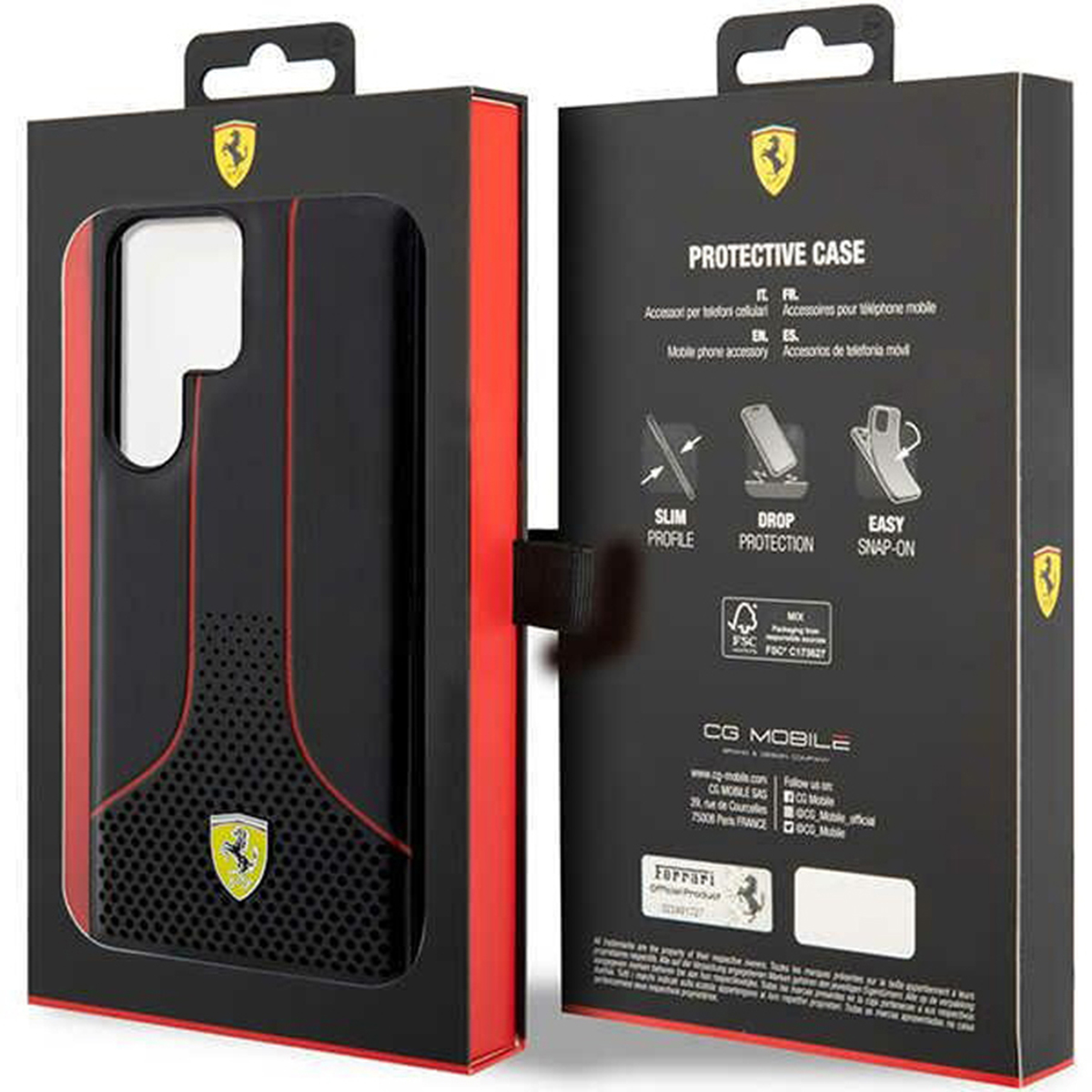 Schwarz-rotes Handycase mit Ferrari-Logo auf der Vorderseite.