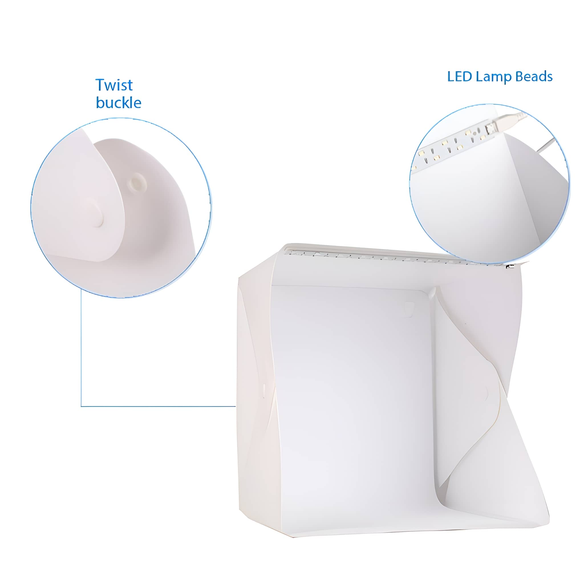 Eine weiße Fotostudiobox mit LED-Leuchten und einem Drehverschluss. Pfeile zeigen auf Details.