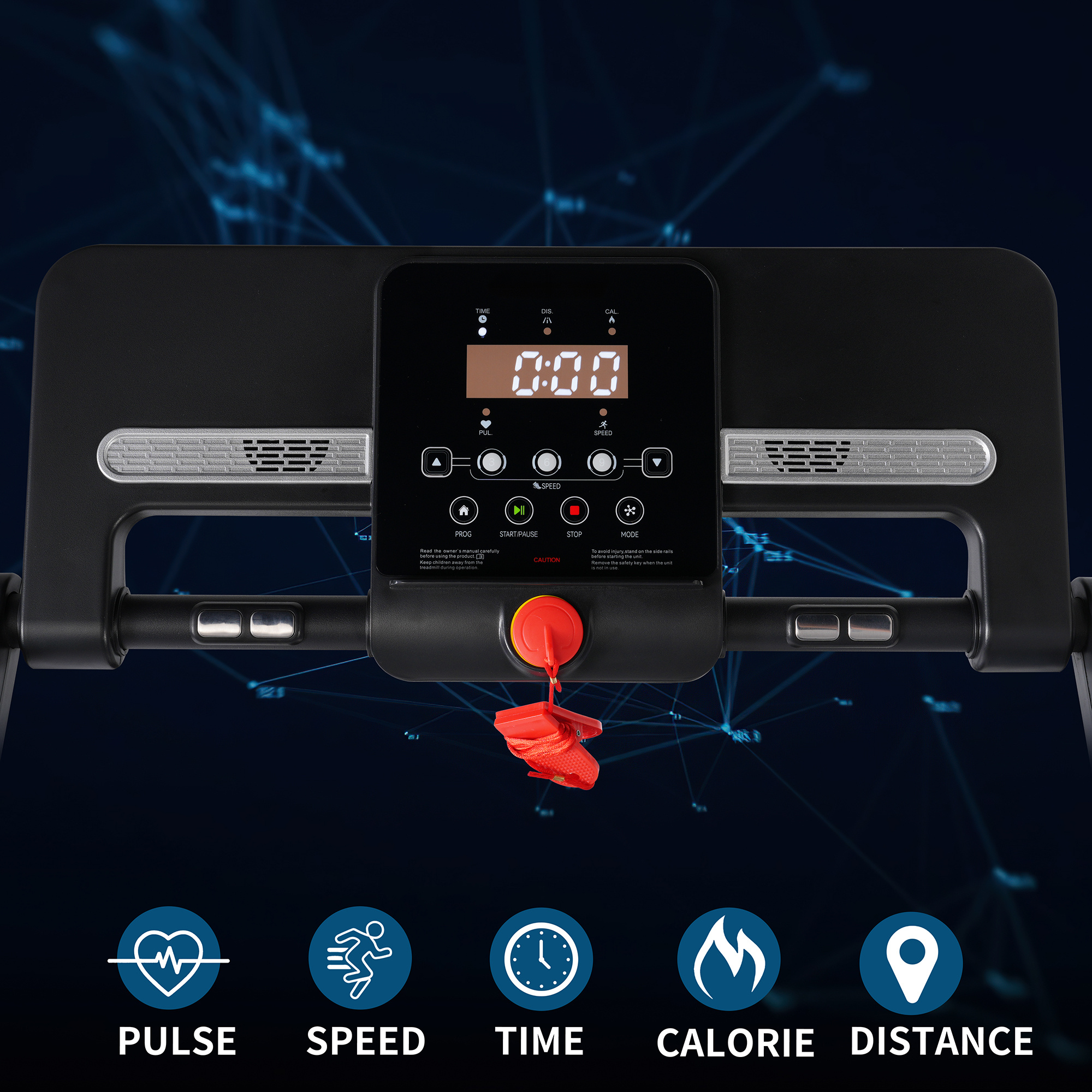 Laufband-Bedienfeld mit Digitalanzeige. Symbole für Puls, Geschwindigkeit, Zeit, Kalorien und Distanz.