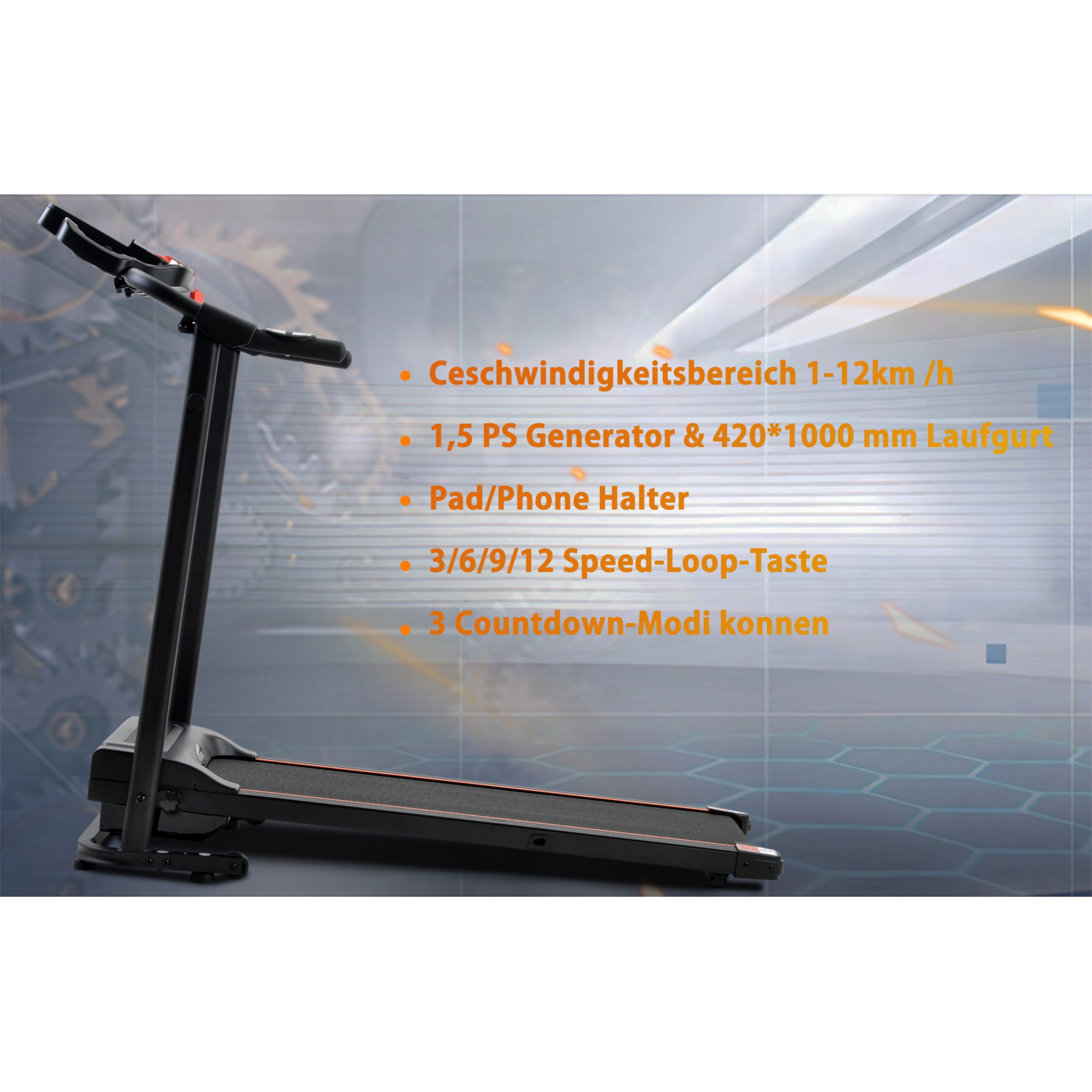 Laufband mit Text. Geschwindigkeitsbereich 1-12 km/h, 1,5 PS Generator, 420 * 1000 mm Laufband. Pad/Telefonhalter.