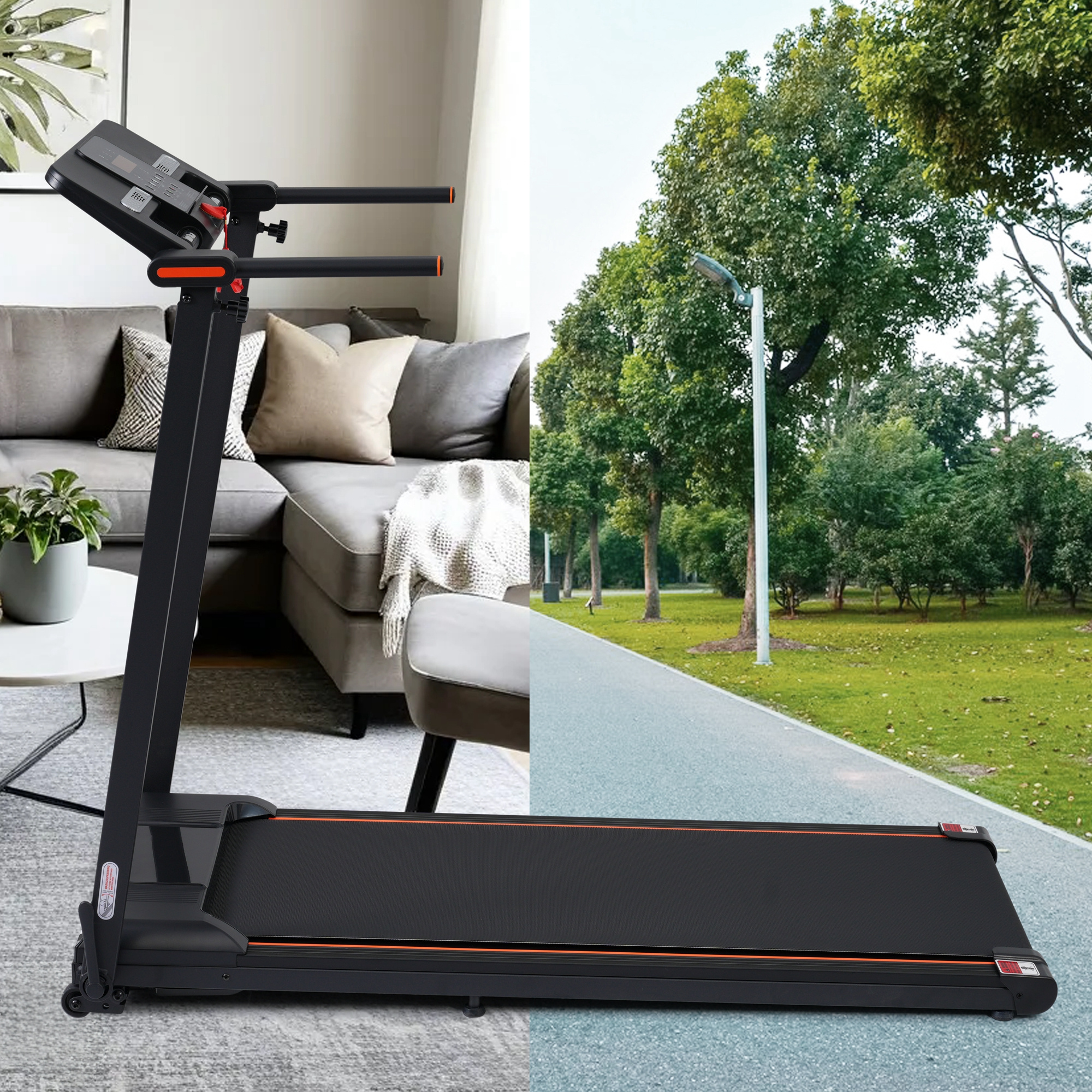 Laufband in einem Wohnzimmer und einer parkähnlichen Umgebung.
