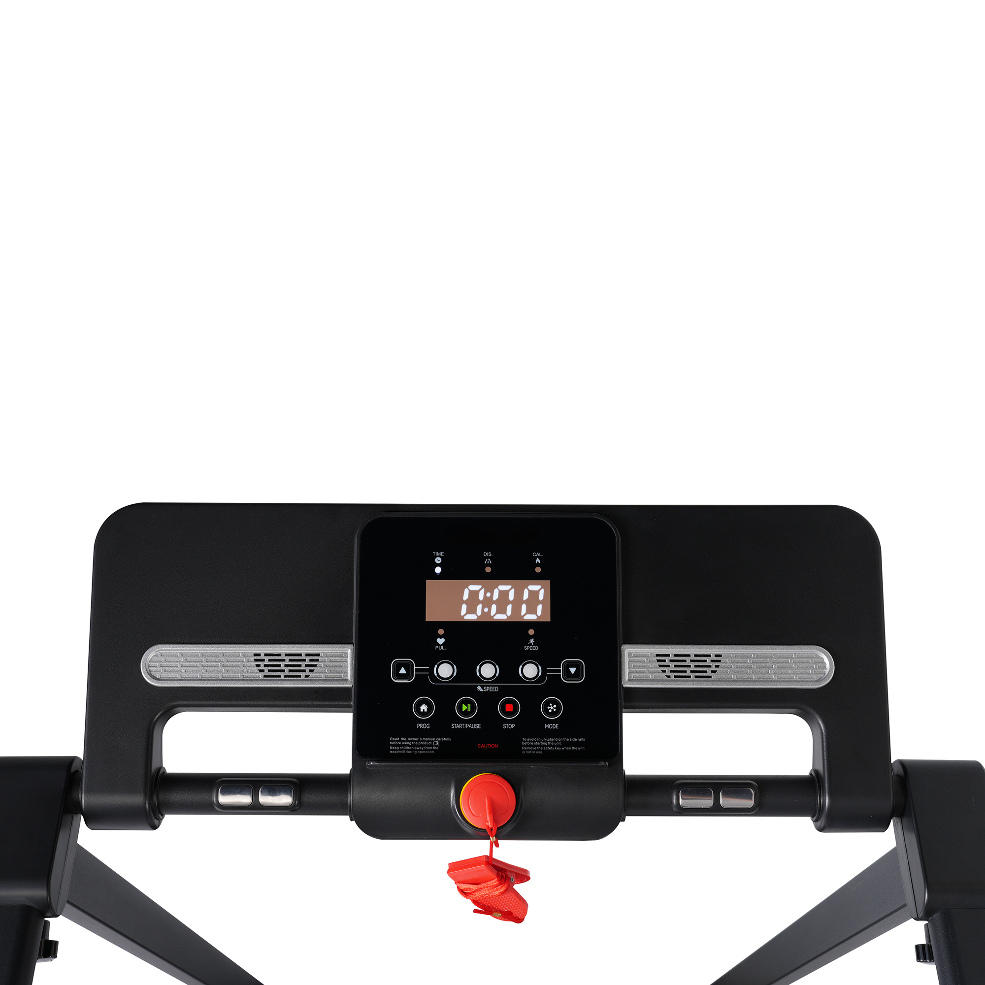 Nahaufnahme einer schwarzen Laufbandkonsole. Es zeigt Zeit, Geschwindigkeit und andere Fitnesskennzahlen an.