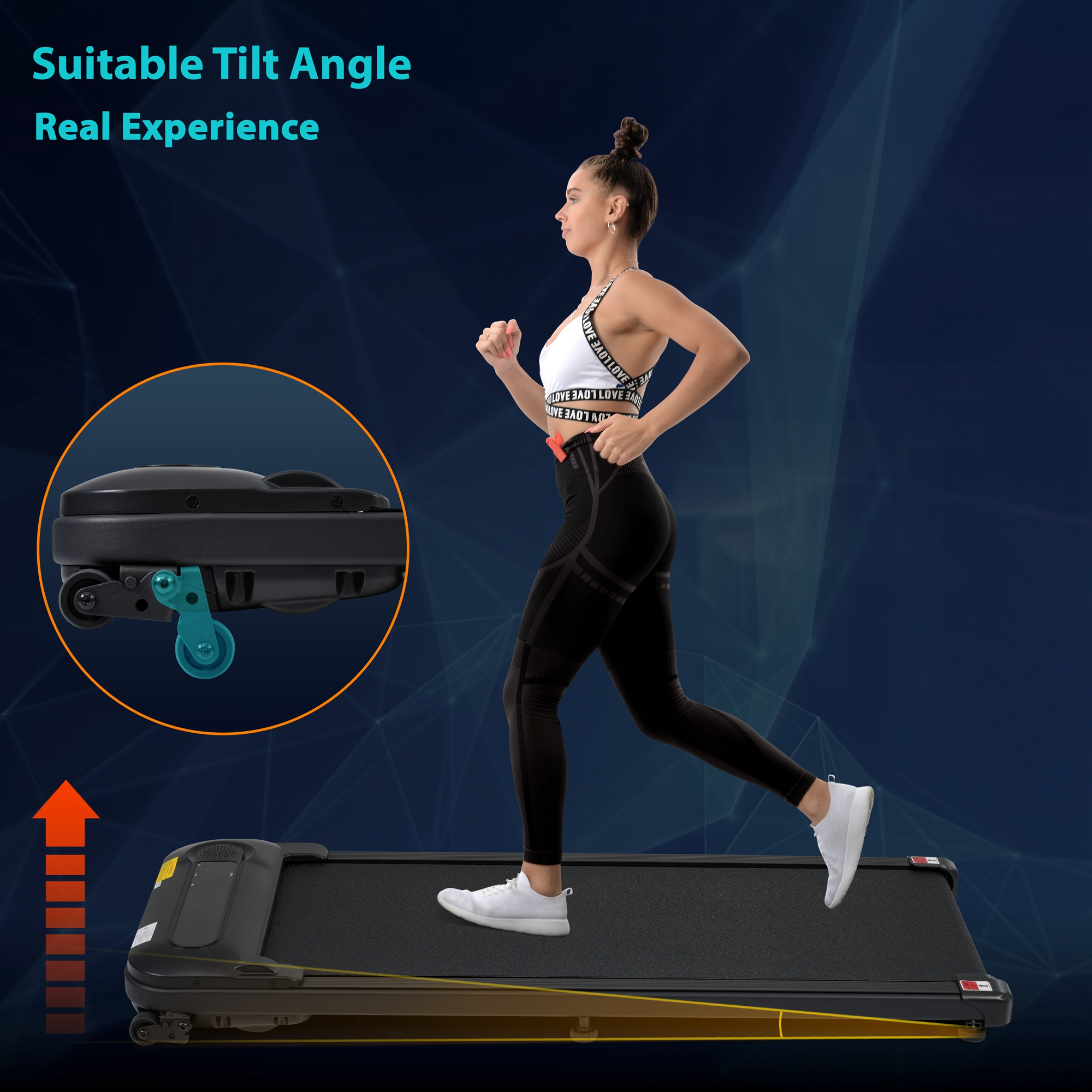Eine Frau läuft auf einem Laufband, mit einer verkleinerten Ansicht und einem orangenen Pfeil.