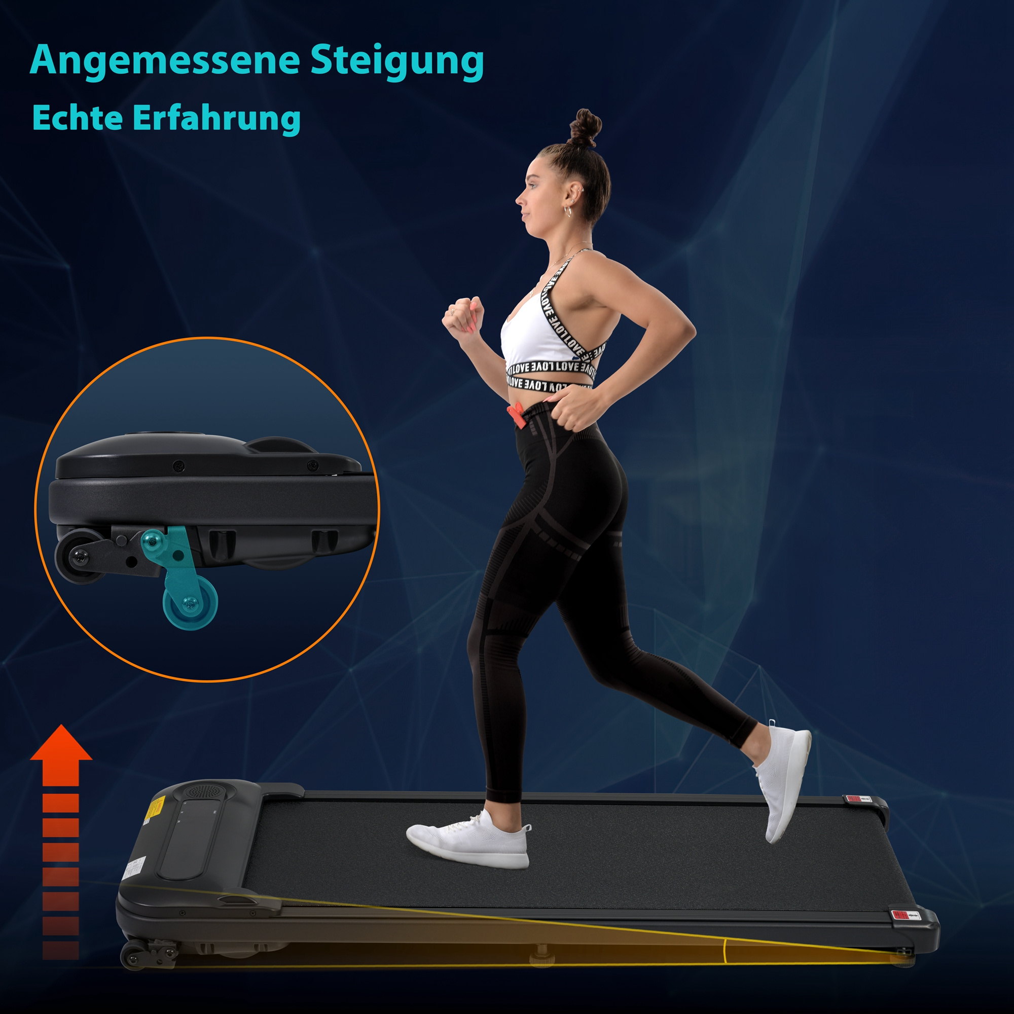 Frau läuft auf einem Laufband. Das Laufband ist schwarz, und der Hintergrund ist blau.