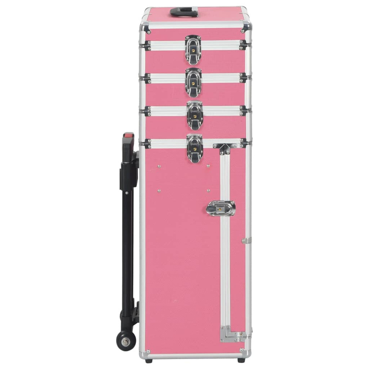 Pinker Schminkkoffer mit silberner Umrandung und schwarzem Griff, auf weißer Oberfläche.