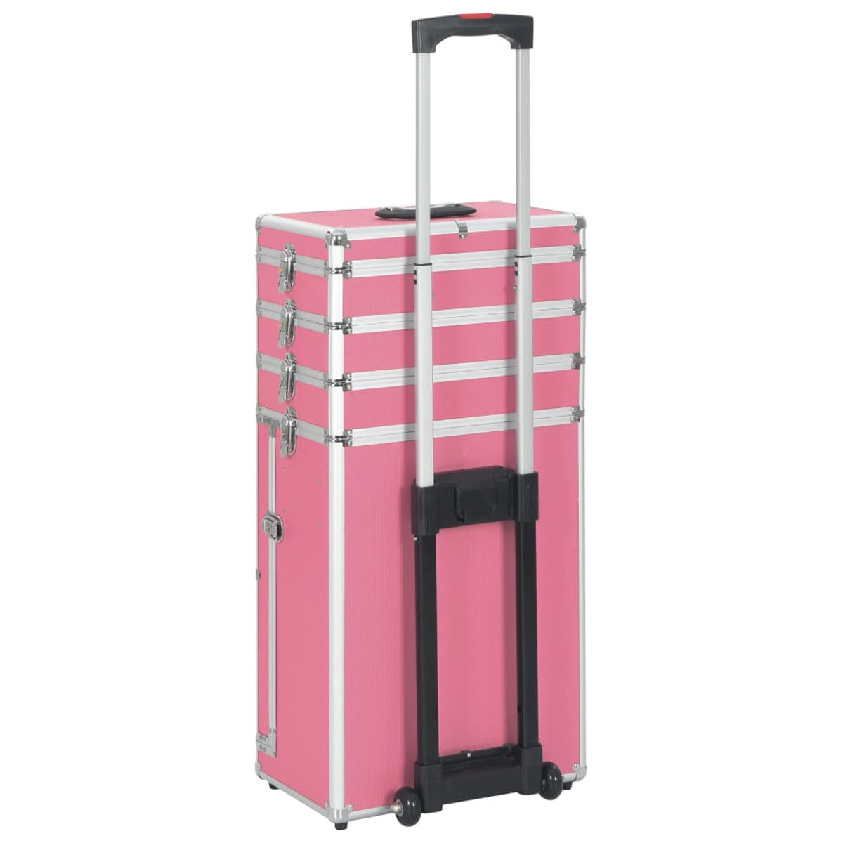 Rosa rollender Make-up-Koffer mit mehreren Fächern, Griff ausgezogen und silbernen Akzenten.