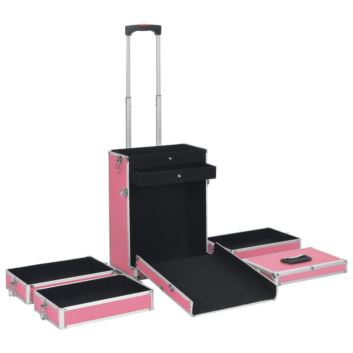 Ein pinkfarbener Rollkoffer mit mehreren Fächern und Schubladen. Weißer Hintergrund.