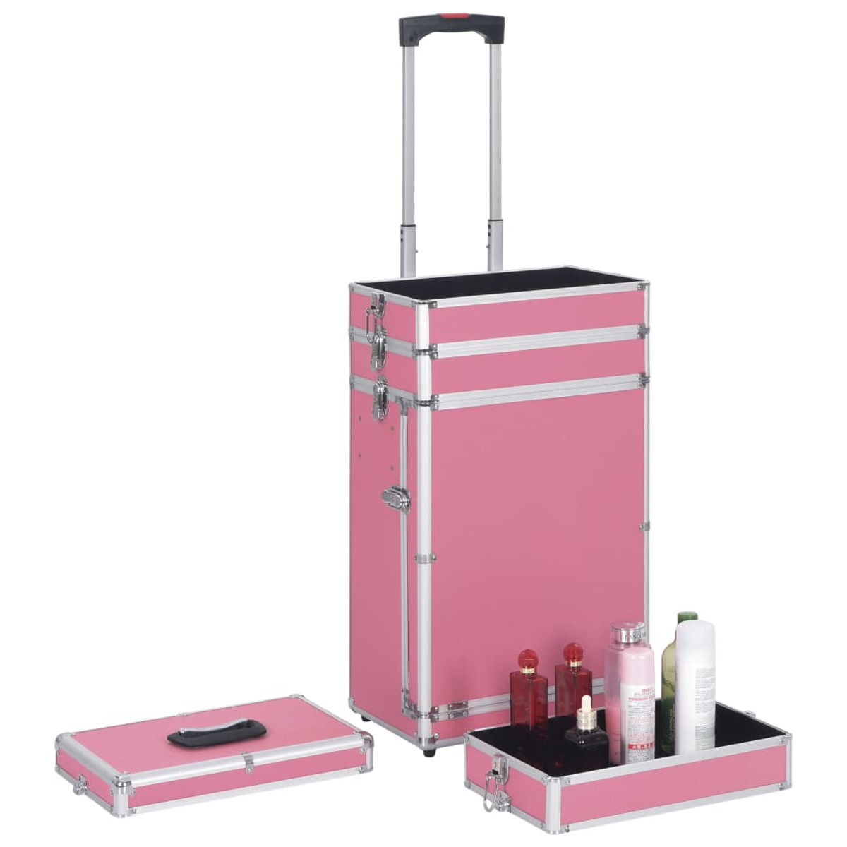 Rosa Roll-Make-up-Koffer, mit ausgezogenem Griff und einer Make-up-Ablage.