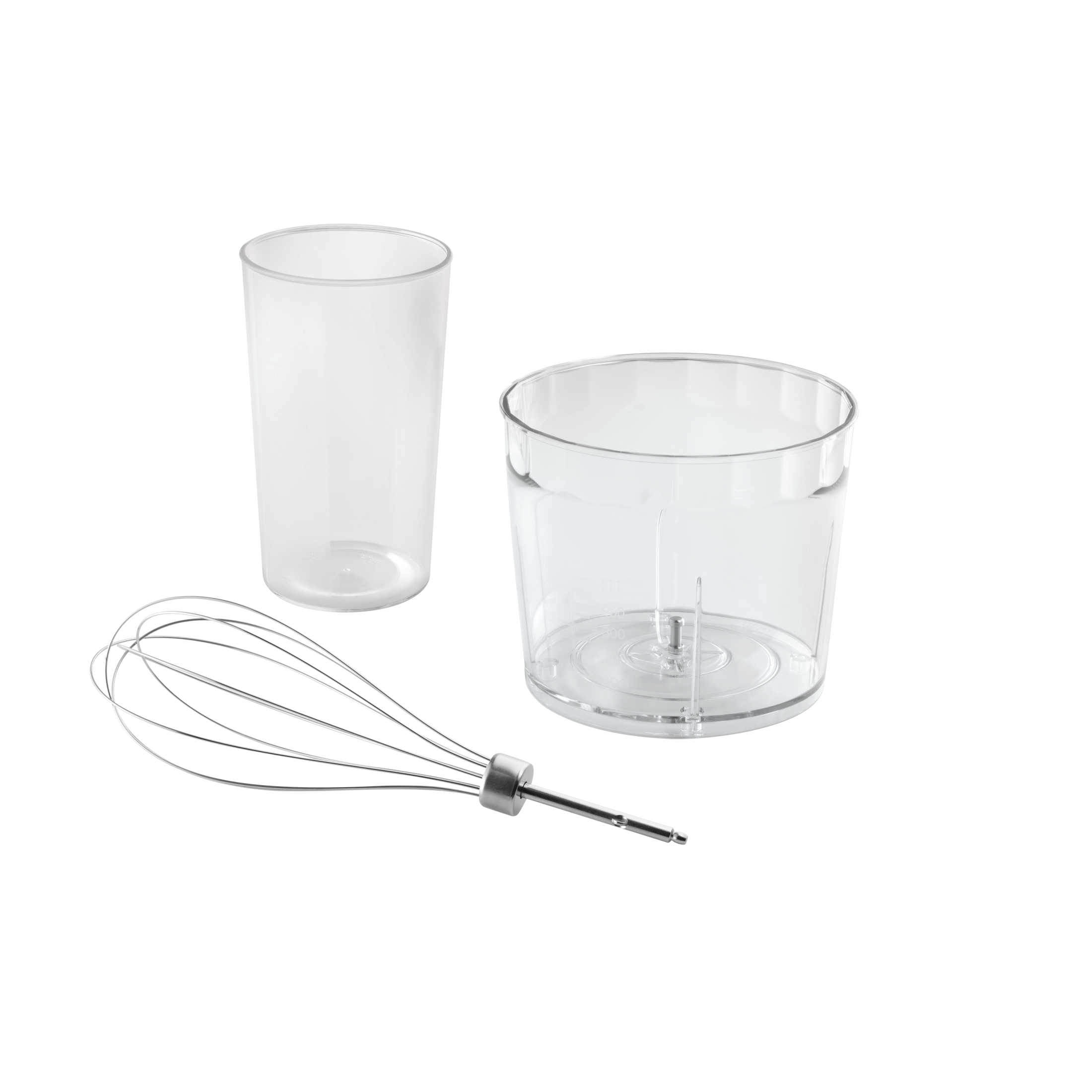 Przezroczyste elementy blendera: wysoki pojemnik, szersza miska i końcówka do ubijania. Wszystko na białym tle.