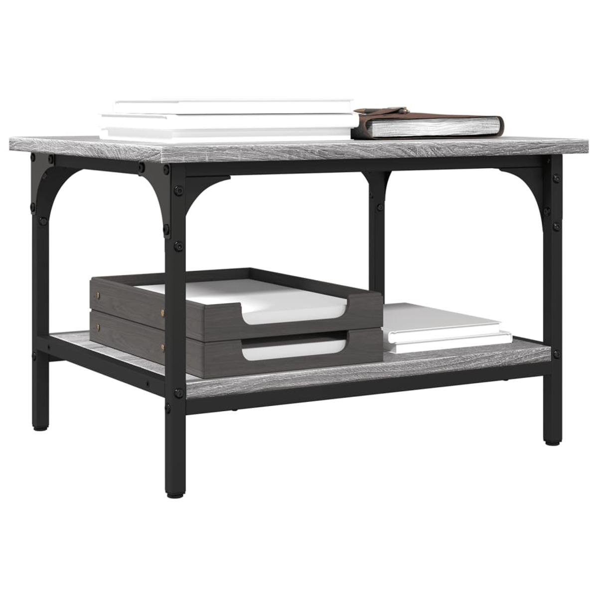 Dunkelgrauer quadratischer Beistelltisch. Schwarze Metallbeine. Weißer Hintergrund.