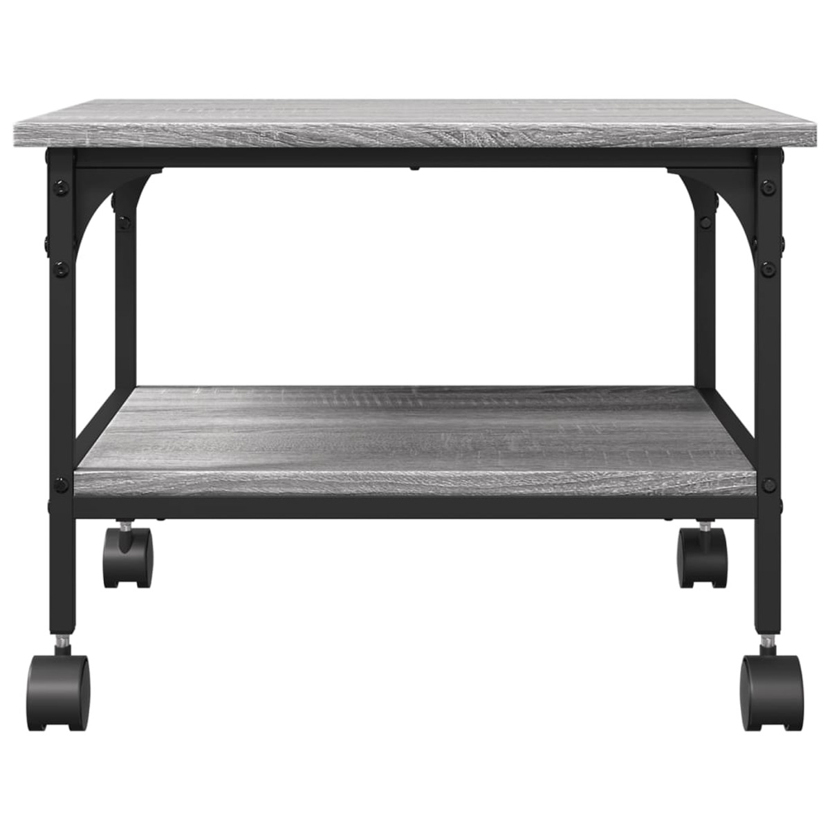 Ein grauer, zweistöckiger Tisch mit Rädern. Er hat ein Metallgestell.