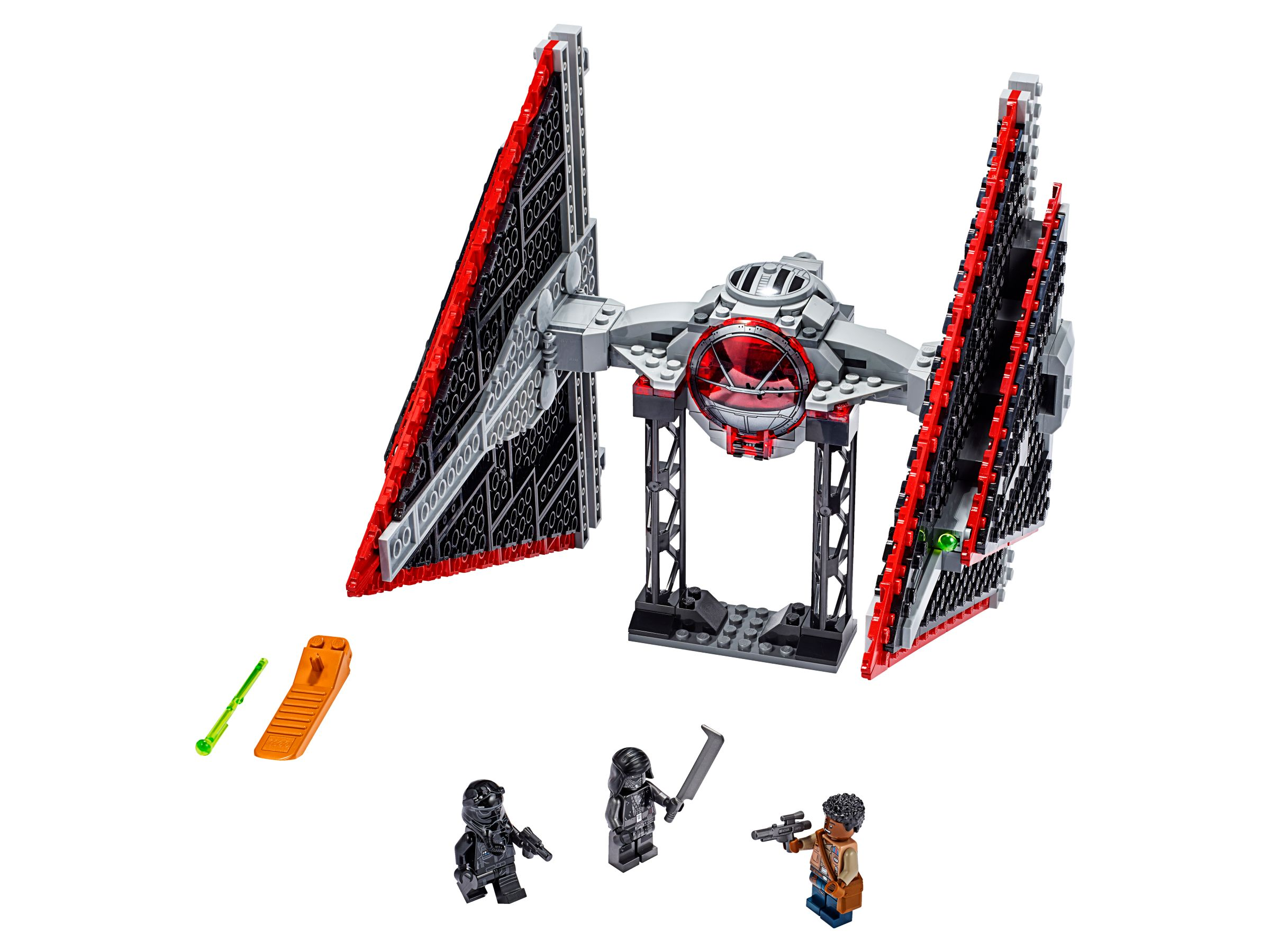 Lego Star Wars TIE Silencer Modell mit Minifiguren. Graues und rotes Schiff mit Figuren auf weißem Hintergrund.