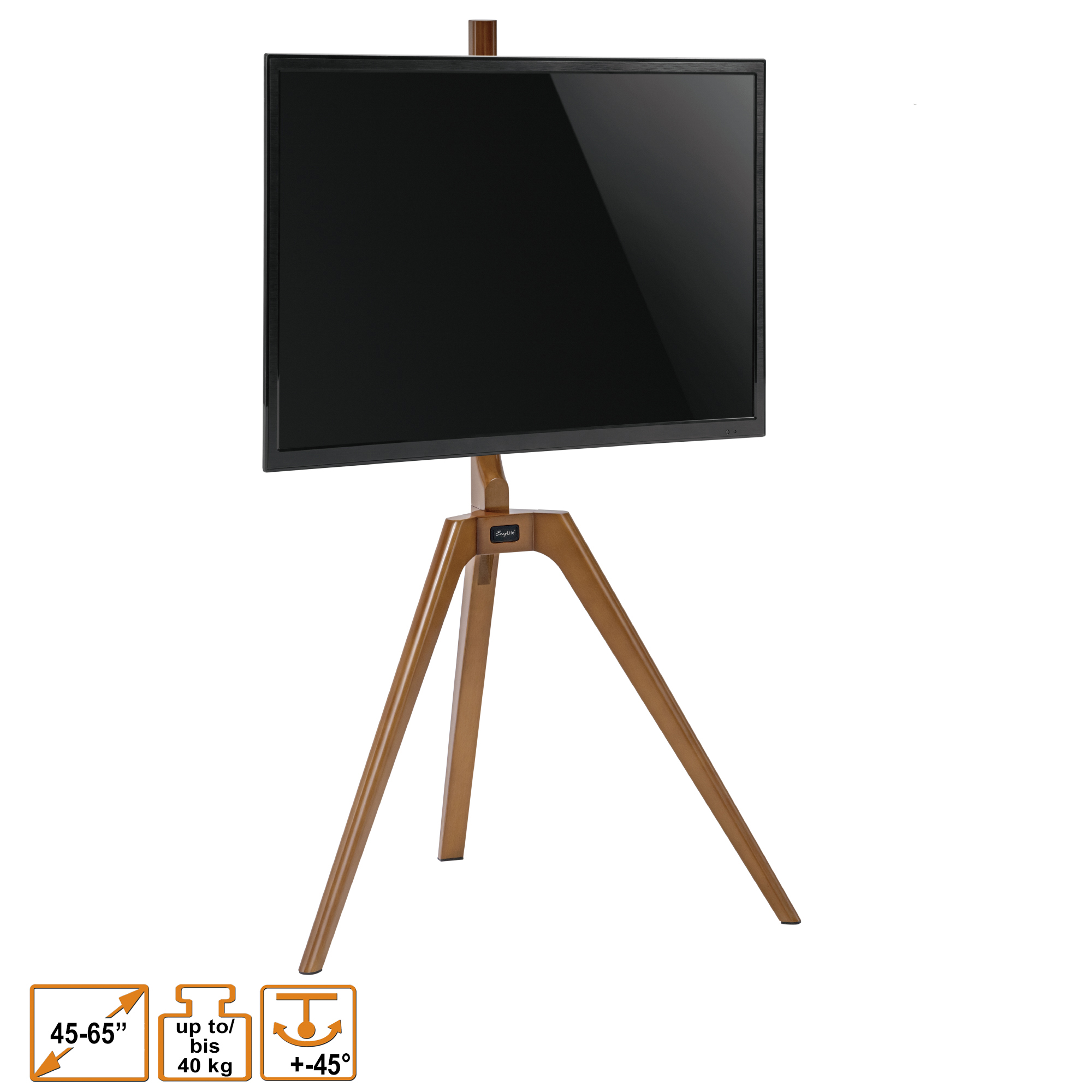 Ein TV-Ständer aus Holz mit schwarzem Bildschirm auf weißem Hintergrund.